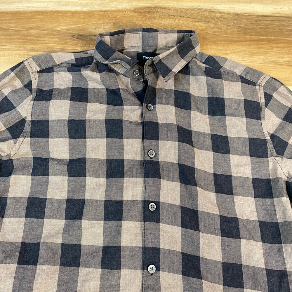 Theory Zack Button Up Mens Shirt M Buffalo Plaid Tailored Warm Grey Black Casual